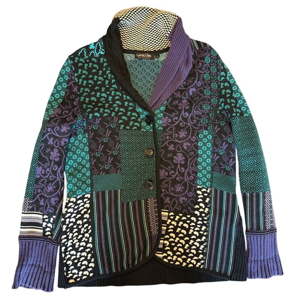 Cappuccino Patchwork Knit Cardigan Jacket – Size 42 (Women’s L / Unisex)